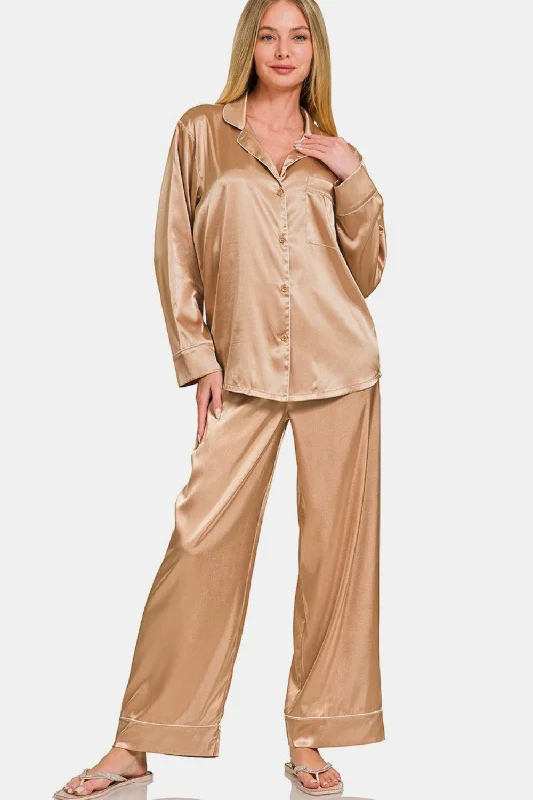 Value Deals Zenana Satin Long Sleeve Shirt and Pants Pajama Set