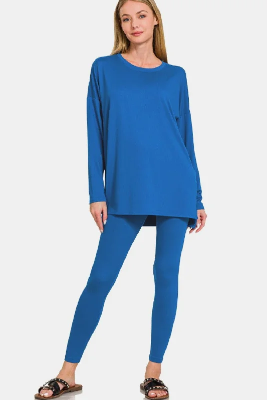 Anniversary Sale Zenana Full Size Brushed Microfiber Top and Leggings Lounge Set In Blue