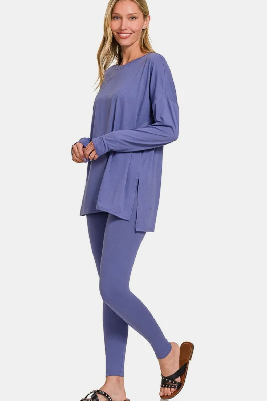 Customer Appreciation Sale Zenana Full Size Brushed Microfiber Top and Leggings Lounge Set In Marlin