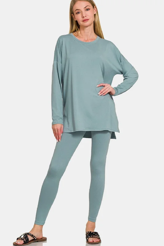 Closeout Zenana Full Size Brushed Microfiber Top and Leggings Lounge Set