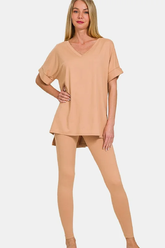 Act Fast Zenana Full Size V-Neck Rolled Short Sleeve T-Shirt and Leggings Lounge Set