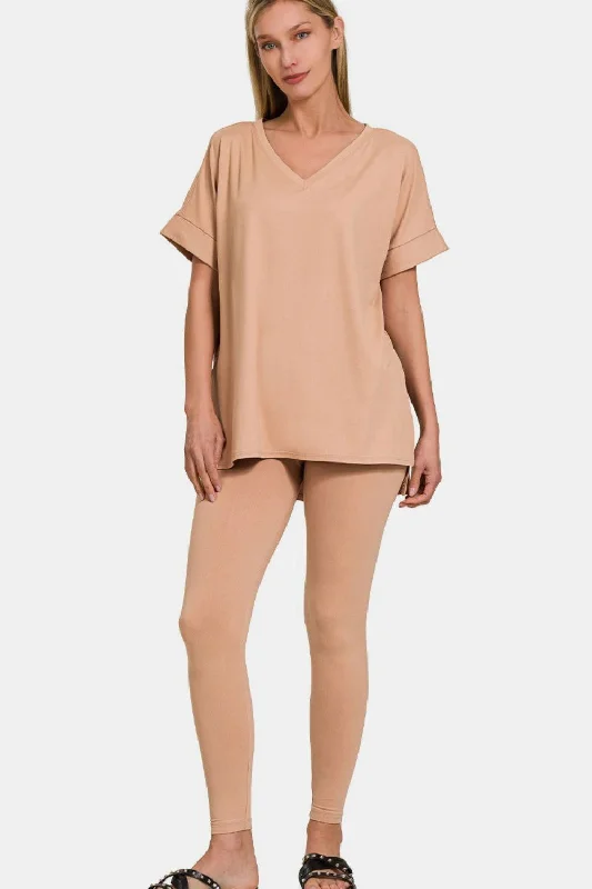 Bonus Savings Zenana Full Size V-Neck Rolled Short Sleeve T-Shirt and Leggings Lounge Set