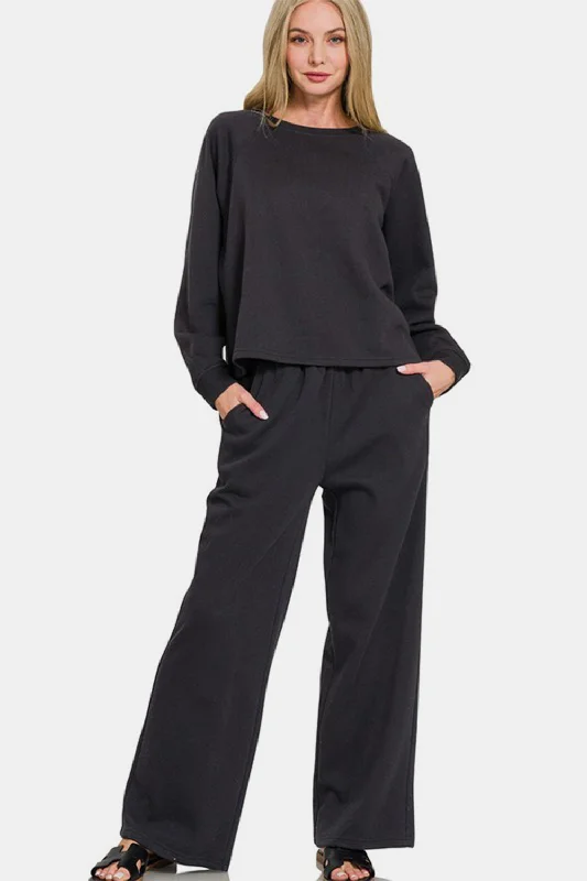 Daily Deals Zenana Round Neck Raglan Sleeve Top and Elastic Waist Pants Set
