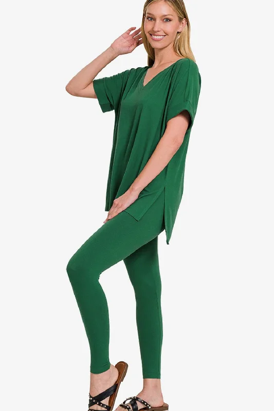 Crazy Deals Zenana V-Neck Rolled Short Sleeve T-Shirt and Leggings Lounge Set
