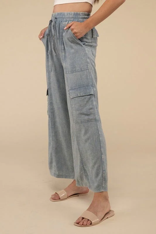 Fantastic Offers ZENANA Washed Linen Elastic Band Waist Cargo Pants