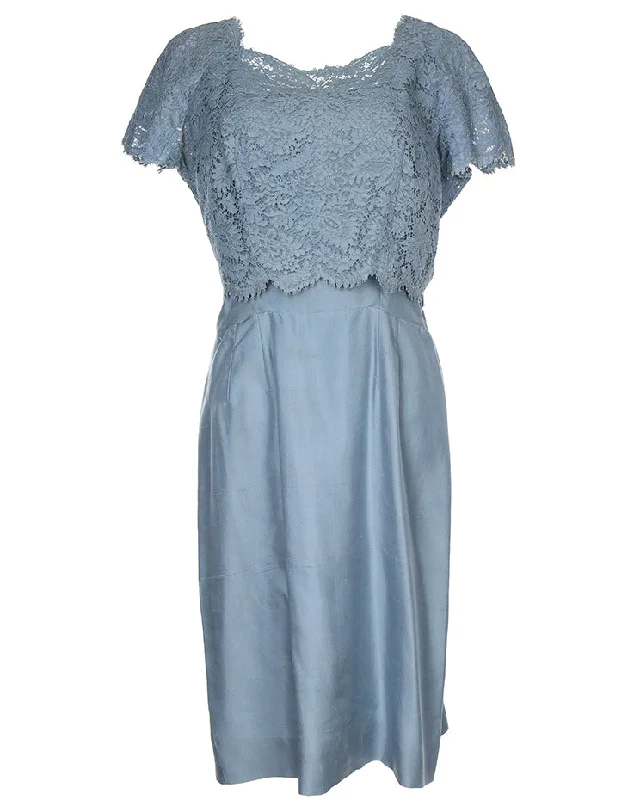 Closeout Sale 1950s dusky blue lace over satin wriggle dress - M