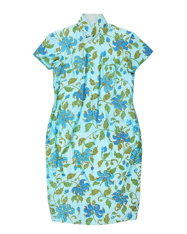 Deal Explosion 1960s Blue & Green Print Cheongsam - XS