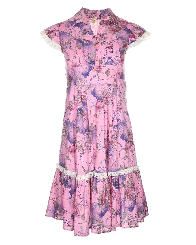 Limited Stock 1970's Pink And Purple Floral Sleeveless Dress - S