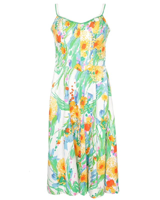 Overstock Sale 1970s white with green and orange print strappy with pockets sun dress - S