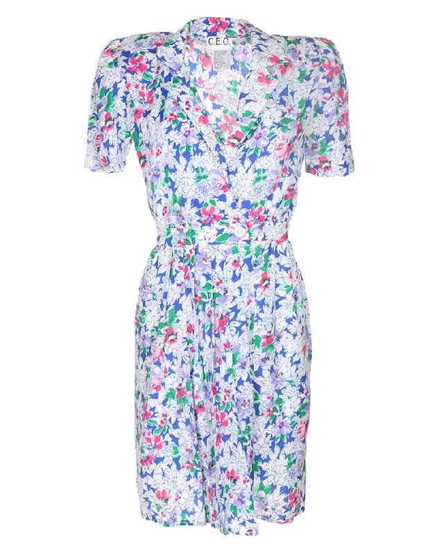 Deal Alert 1990's Pink And Blue Floral Short Sleeve Tea Dress - M