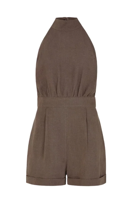 Super Bargain Louise Short Halterneck Jumpsuit in mocha