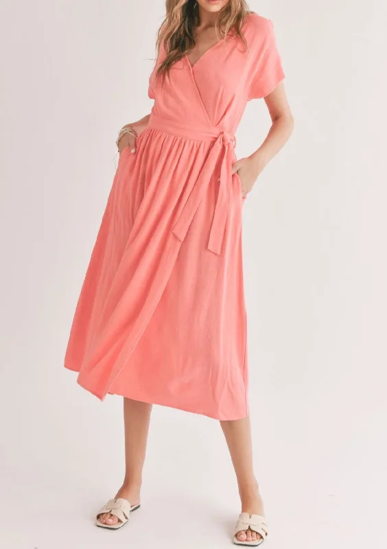 Limited Time Botanical Wrap Midi Dress - Coral