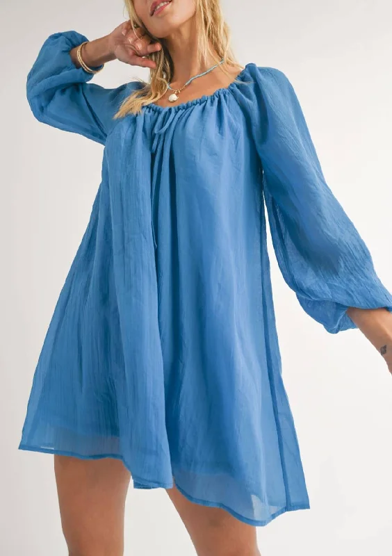 Super Savings Coastal Long Sleeve Flowy Mini Dress - Blue