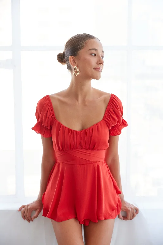 Hurry In Eleanor Ruffle Wrap Romper in Red