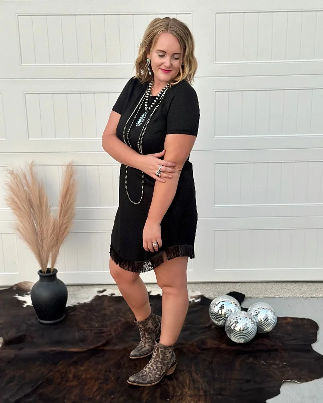 Grand Opening Sale Fringe Suede Dress - Black
