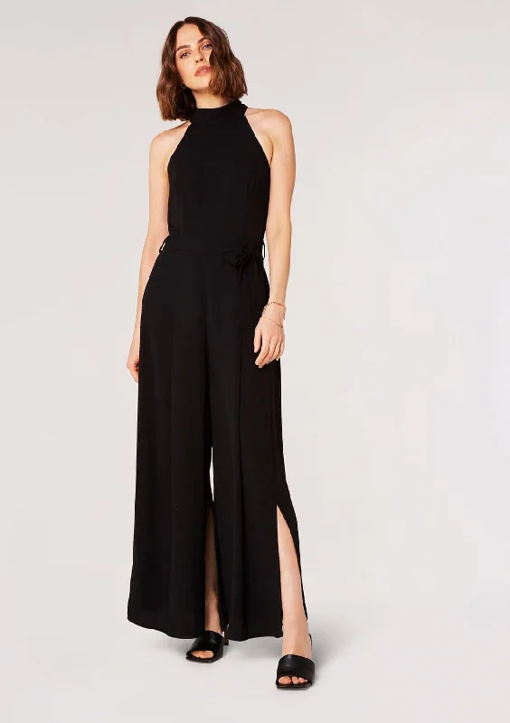 Take Advantage Halter Neck Split Leg Jumpsuit - Black