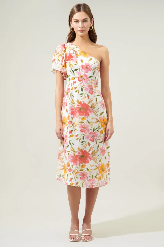 Seasonal Sale MALDONADO FLORAL ONE SHOULDER MIDI DRESS