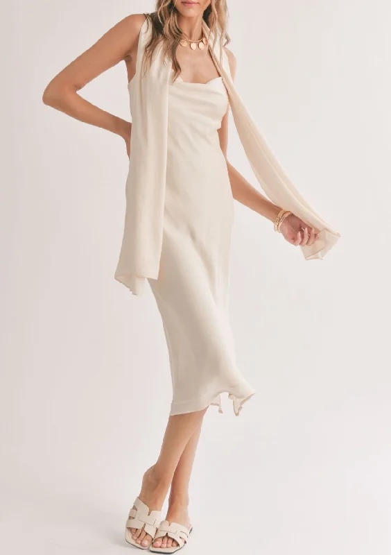 Huge Savings Mirage Cowl Neck Midi Dress with Shawl - Ivory