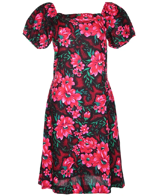 Loyalty Reward Pink and Black Hawaiian Puff Sleeve Dress - M
