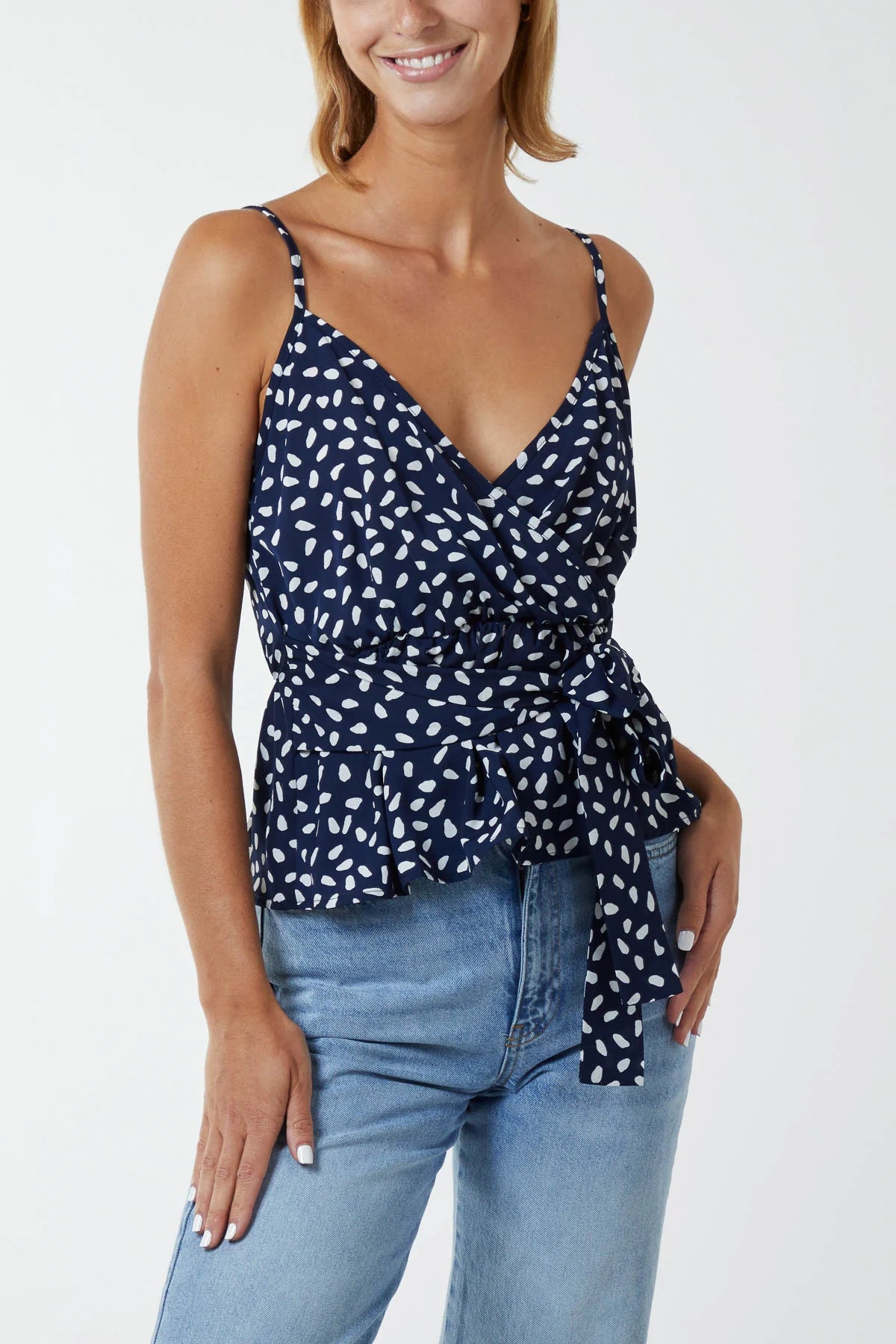 Can't Be Beat Spot Peplum Wrap Cami Top