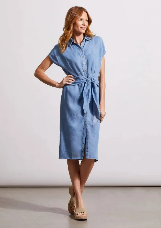 Quick Sale Shirt Dress with Front Waist Tie - Blue
