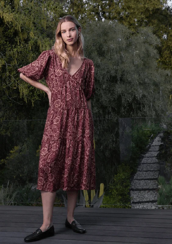 Online Exclusive "Sophia" Short Puff Sleeve, V-Neck, Sangria Dress