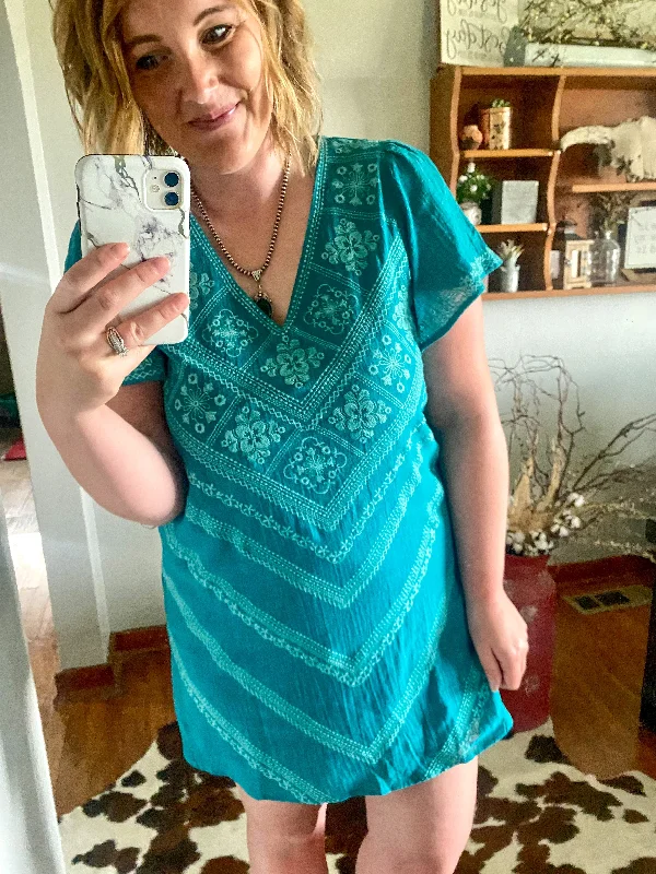 Overstock Sale Teal Embroidered Dress
