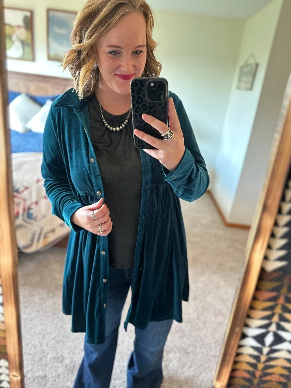 Midnight Sale Teal Velvet Button Down Duster / Dress
