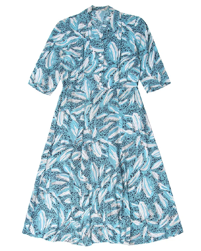 Seasonal Clearance Vintage 1940s Turquoise, Black and White Patterned Dress - M