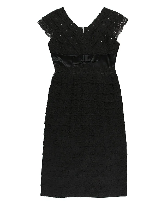 Final Sale Vintage 50s Black Tiered Lace & Rhinestone Wiggle Dress - S
