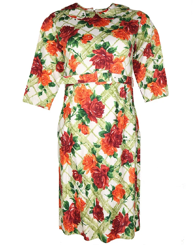 Special Promotion Vintage 60s Green & Orange Floral Patterned Cotton Dress - S
