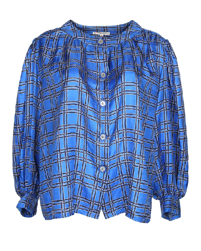 Can't Be Beat Vintage 70s Yves Saint Laurent Rive Gauche Blue Silk Satin Mutton Sleeve Blouse - L