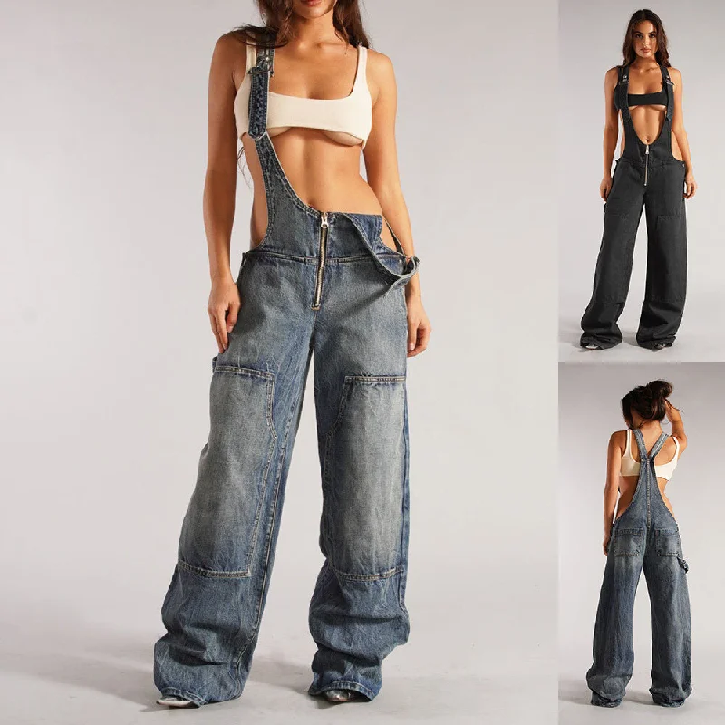 Final Clearance Y2K Denim Overalls With Pockets Fashion Loose Jumpsuit Streetwear Zipper Jeans Pants Womens Clothing