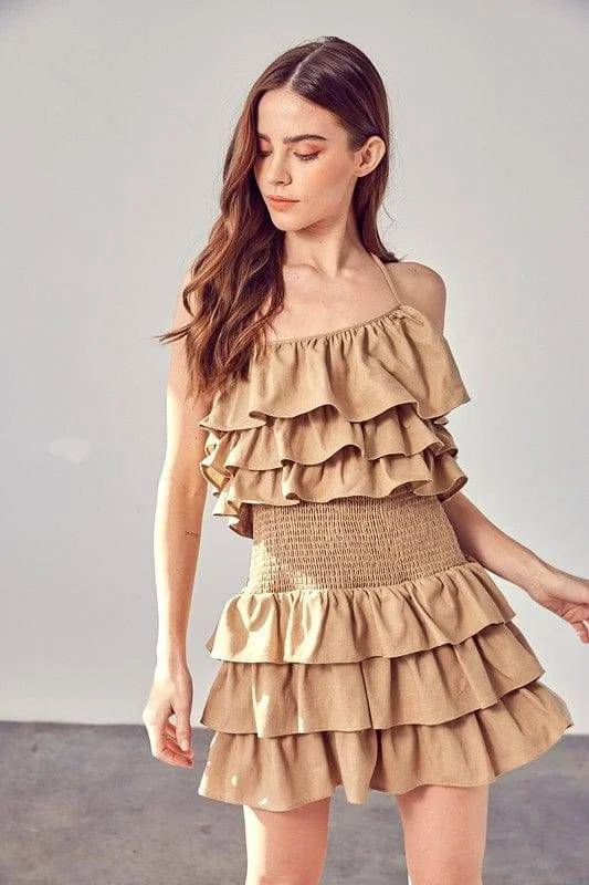 Online Specials Smocked Waist Ruffle Romper in Taupe